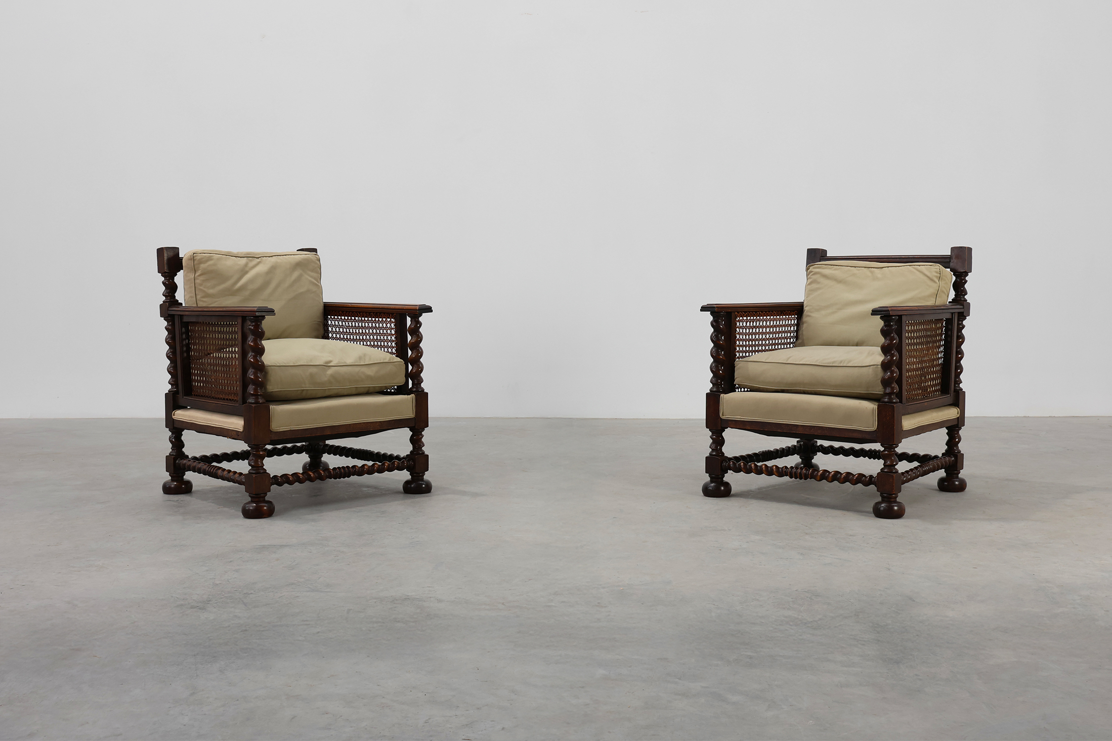 Pair of Antique English Oak and Rattan Armchairs with Twisted Details, UK ca. 1880thumbnail
